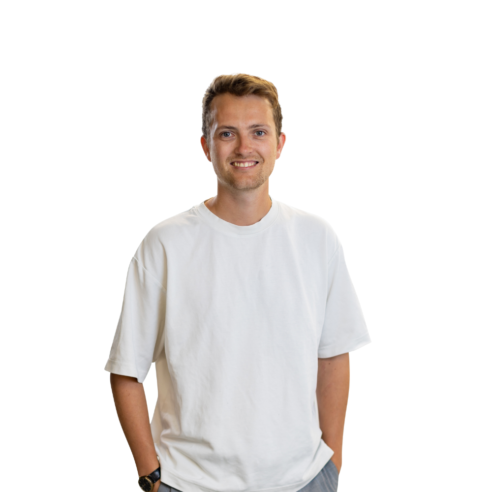 Young man with white T shirt smiling